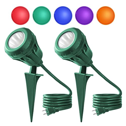 LED Christmas Spotlight Outdoor Plug in, 800LM Waterproof Flood Lights with 5 Extra Lenses (Red Green Blue Purple Orange), 5000K Landscape Light