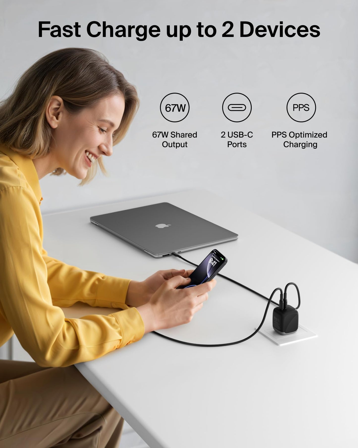 Belkin 2-Port USB C Charger Block 67W, Dual-Port GaN Charger w/ 2X USB C Ports, Fast Charging for MacBook, iPhone 17, iPad Pro, Chromebook, Galaxy S25
