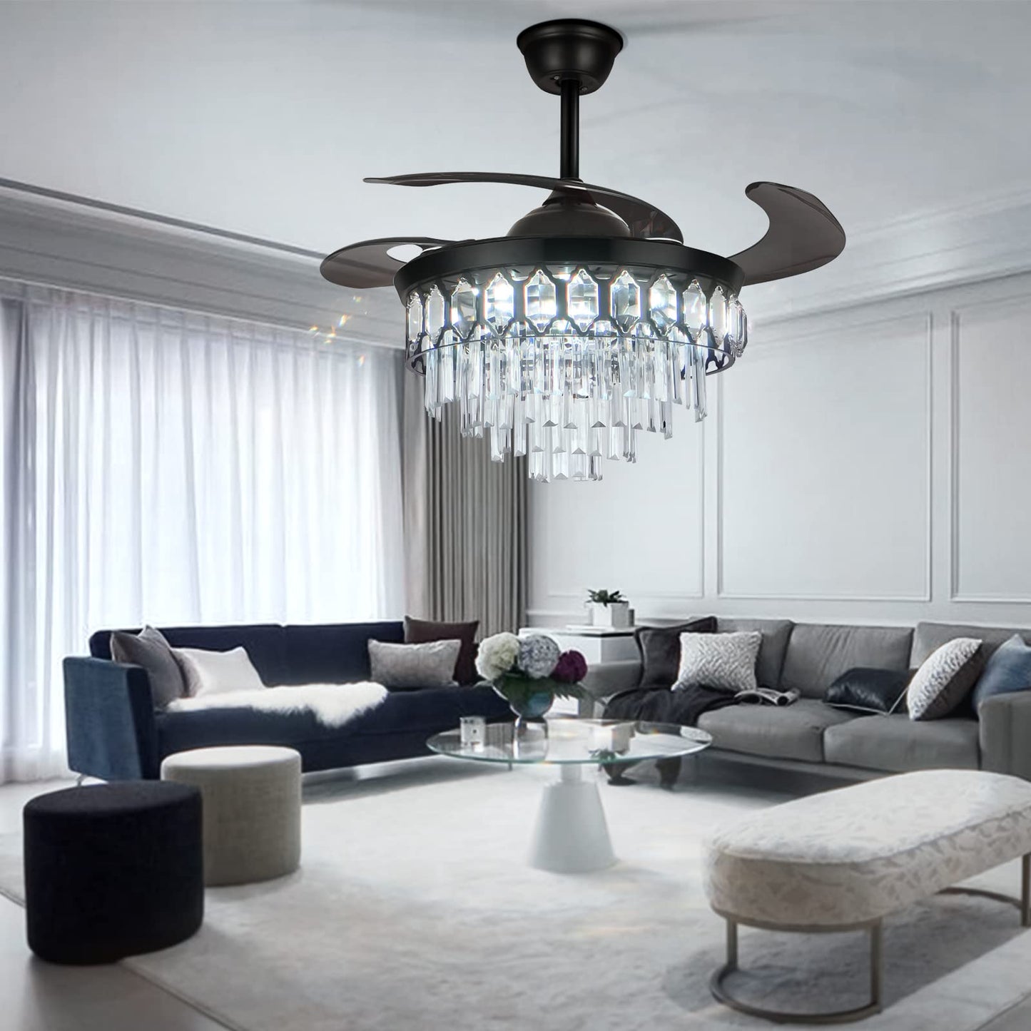 A Million 42" Modern Ceiling Fan with Light Crystal Black Chandelier Remote Retractable Amber Blades 3 Speeds 3 Colors Ceiling Fans Lighting Fixture