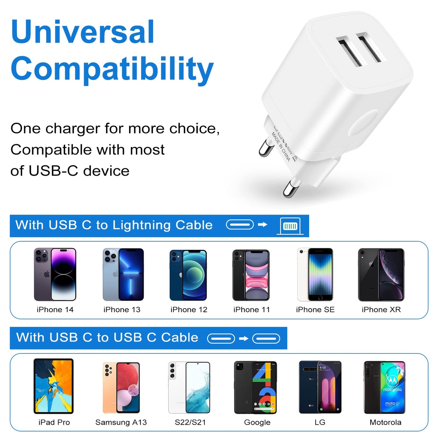 European Travel Plug Adapter Charger for iPhone Samsung Android Phone,International Power Adaptor with 2 Charger Port USB, EU Wall Charging Block
