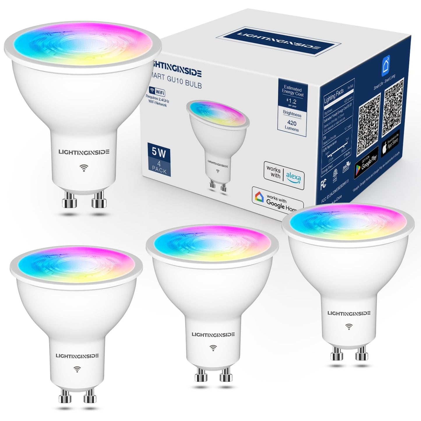 Lightinginside GU10 Smart Light Bulbs 50W, 38° Beam Angle RGBCW Color, 4PCS