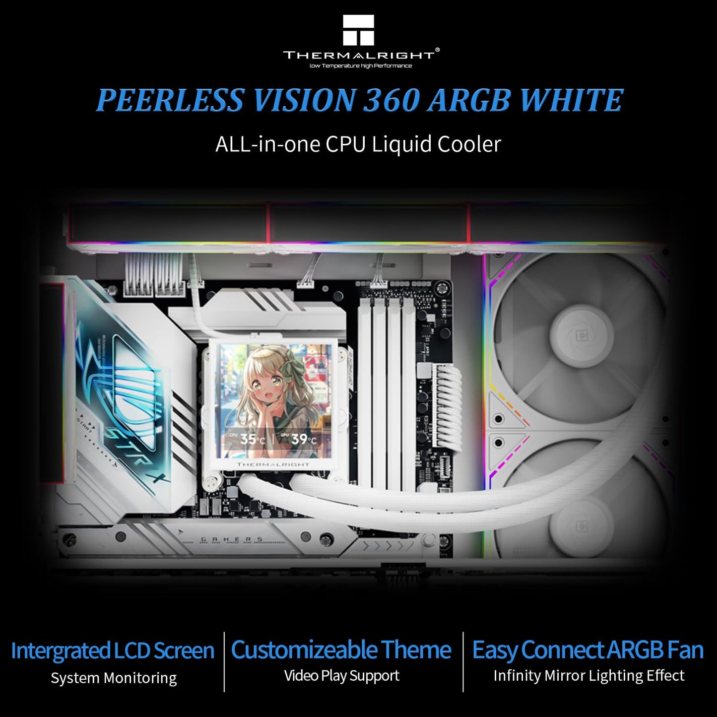 Thermalright Peerless Vision 360 ARGB White CPU Liquid Cooler with 3 PWM Fans for 2000RPM-Wireless Splicing,LCD Screen with 480x480 Resolution,360 Aio