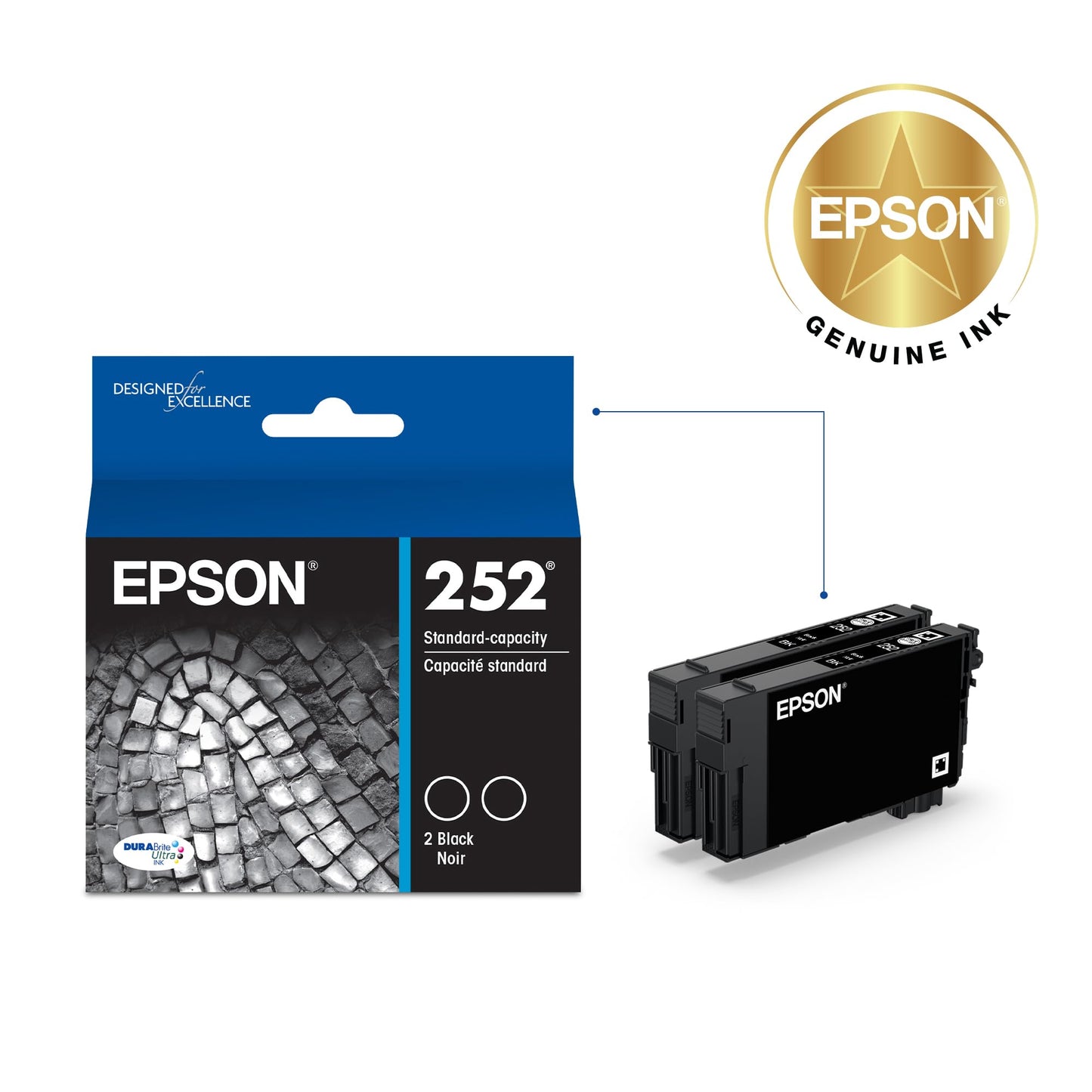 EPSON 252 DURABrite Ultra Ink Standard Capacity Black Dual Cartridge Pack (T252120-D2) Works with WorkForce WF-3620, 3640, 7110, 7610, 7620, 7710
