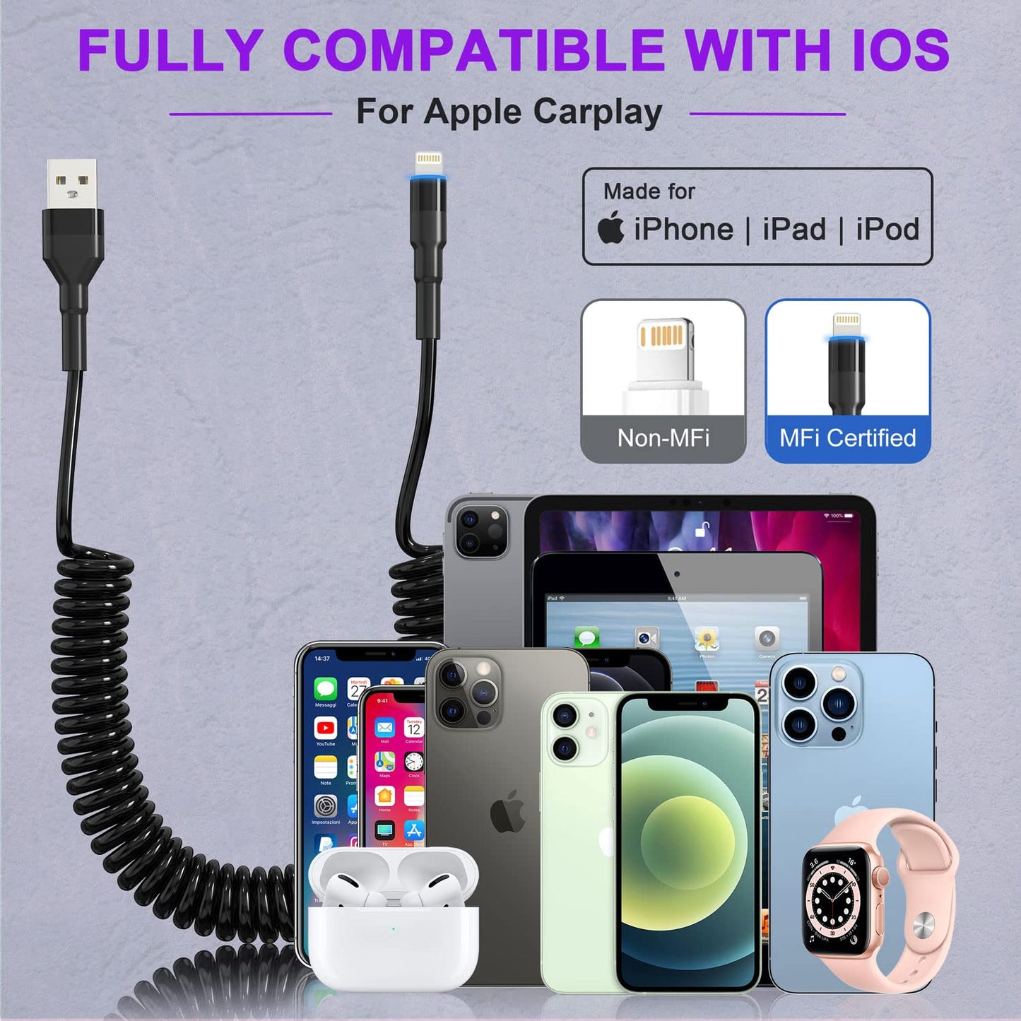 Coiled Lightning Cable Apple Carplay Compatible [Apple MFi Certified] Retractable iPhone Charger with Data Sync and LED, Short iPhone Charger Car…