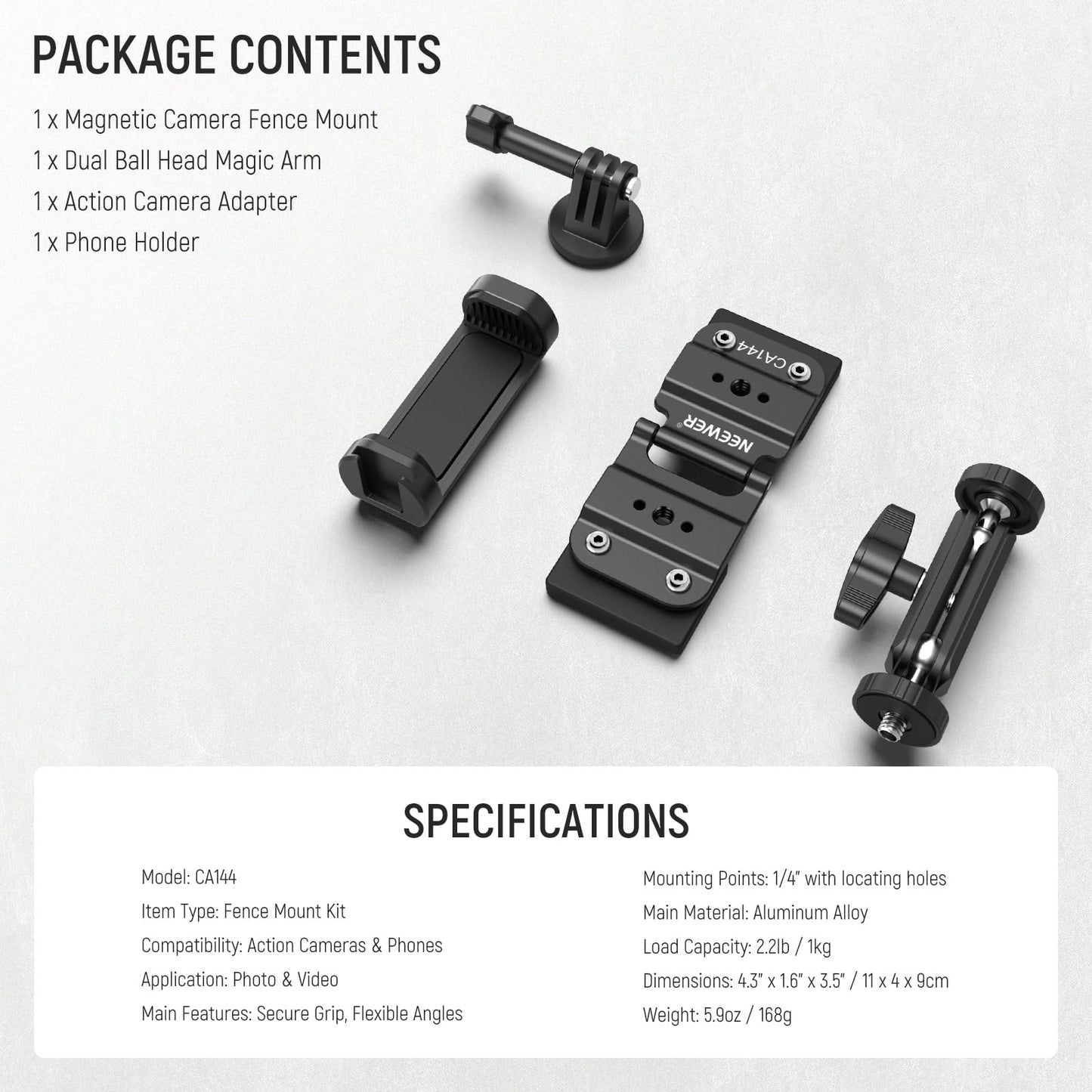 NEEWER Magnetic Fence Mount Compatible with Mevo Start Pocket Radar GoPro Insta360 DJI, Dual Mounting Kit Compatible with Gamechanger App for Baseball
