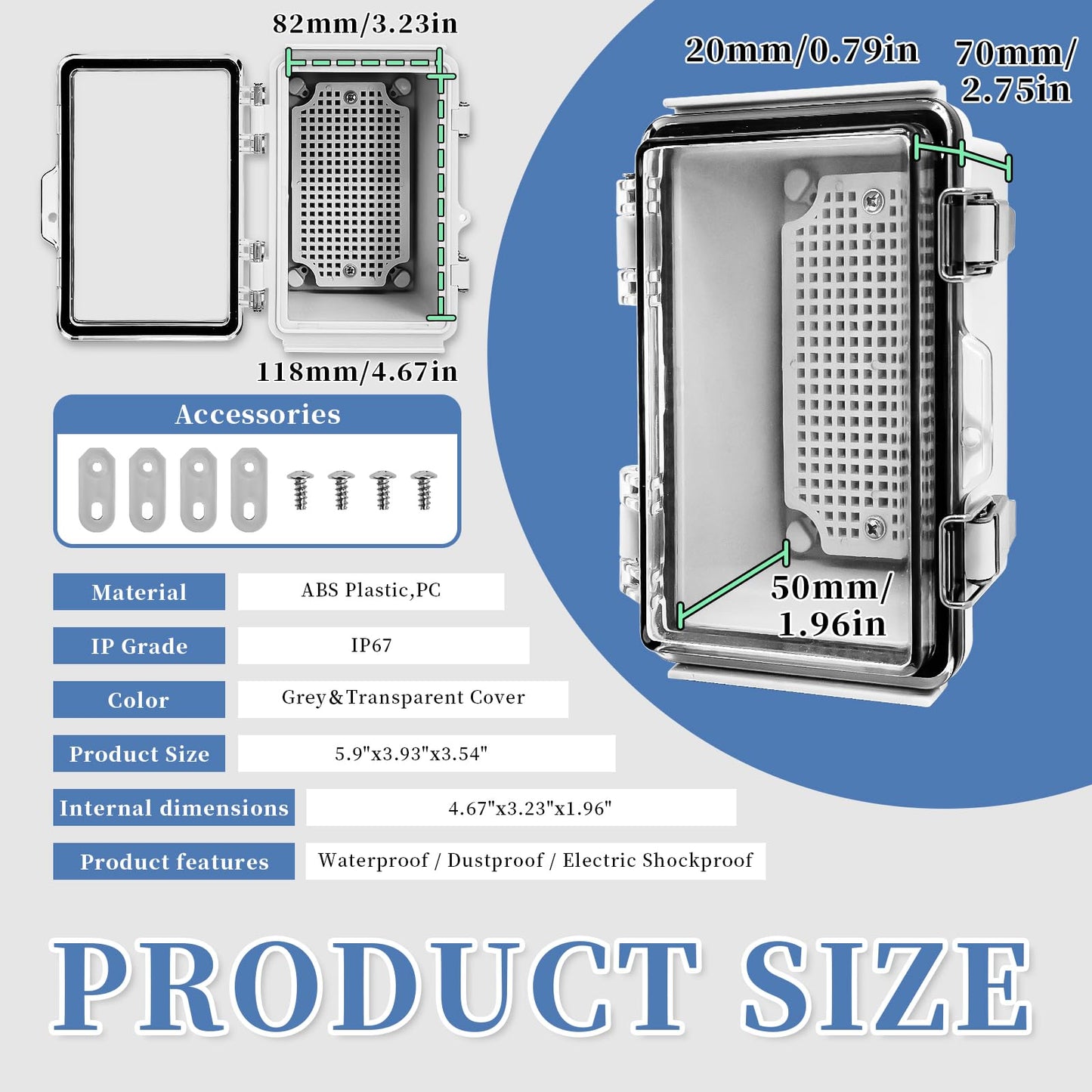 CXCESNS Waterproof Outdoor Electrical Box 5.9"x3.93"x3.54"D IP67 ABS Plastic Enclosure with PC Transparent Cover Outdoor/Indoor Lockable Electrical