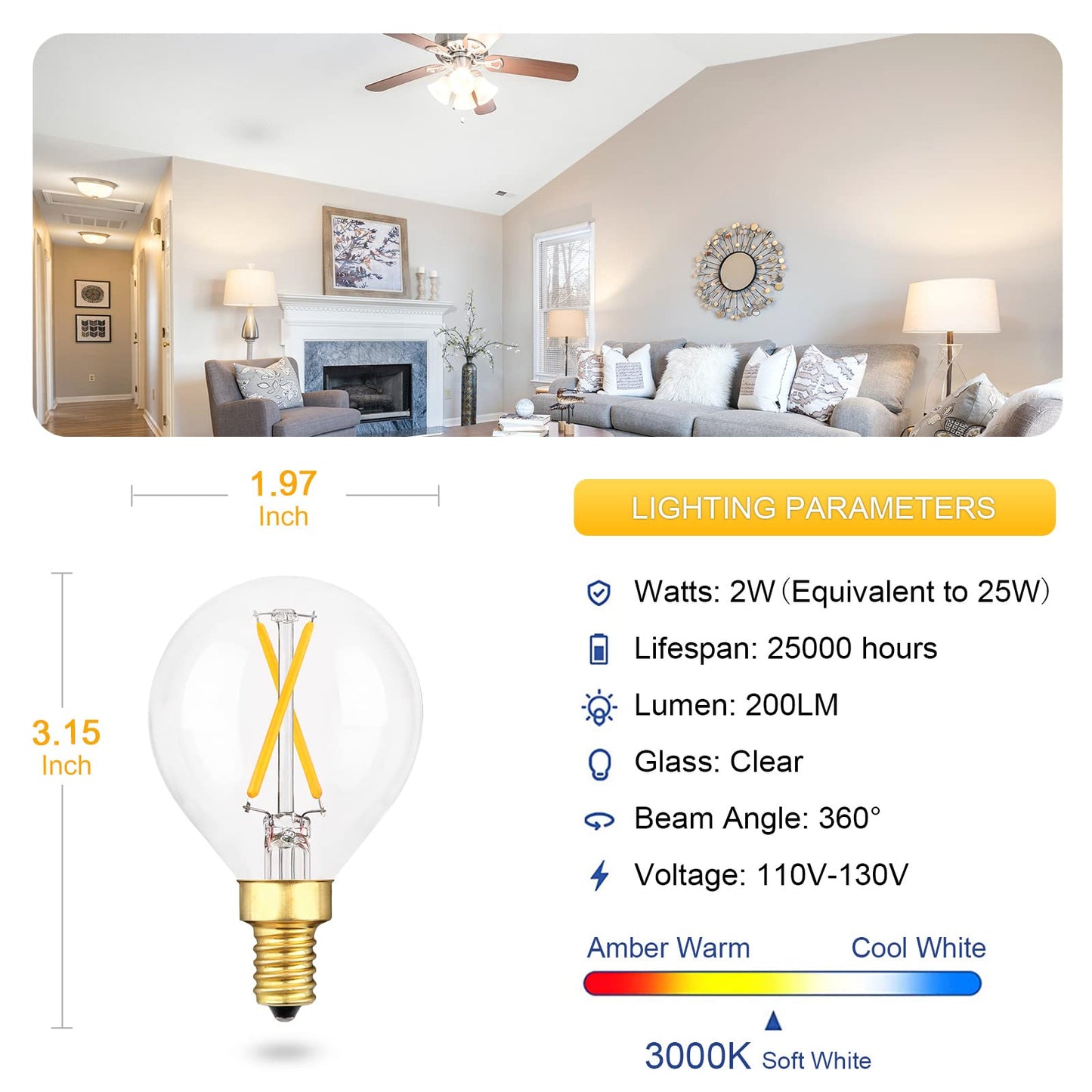 EQ Lighting 3-Pack G16.5 LED Bulb, Dimmable E12 Edison Bulb, 25W Equivalent, 3000K Soft Warm White, 200lm, 2W, for Chandelier, Ceiling Fan Light Bulbs
