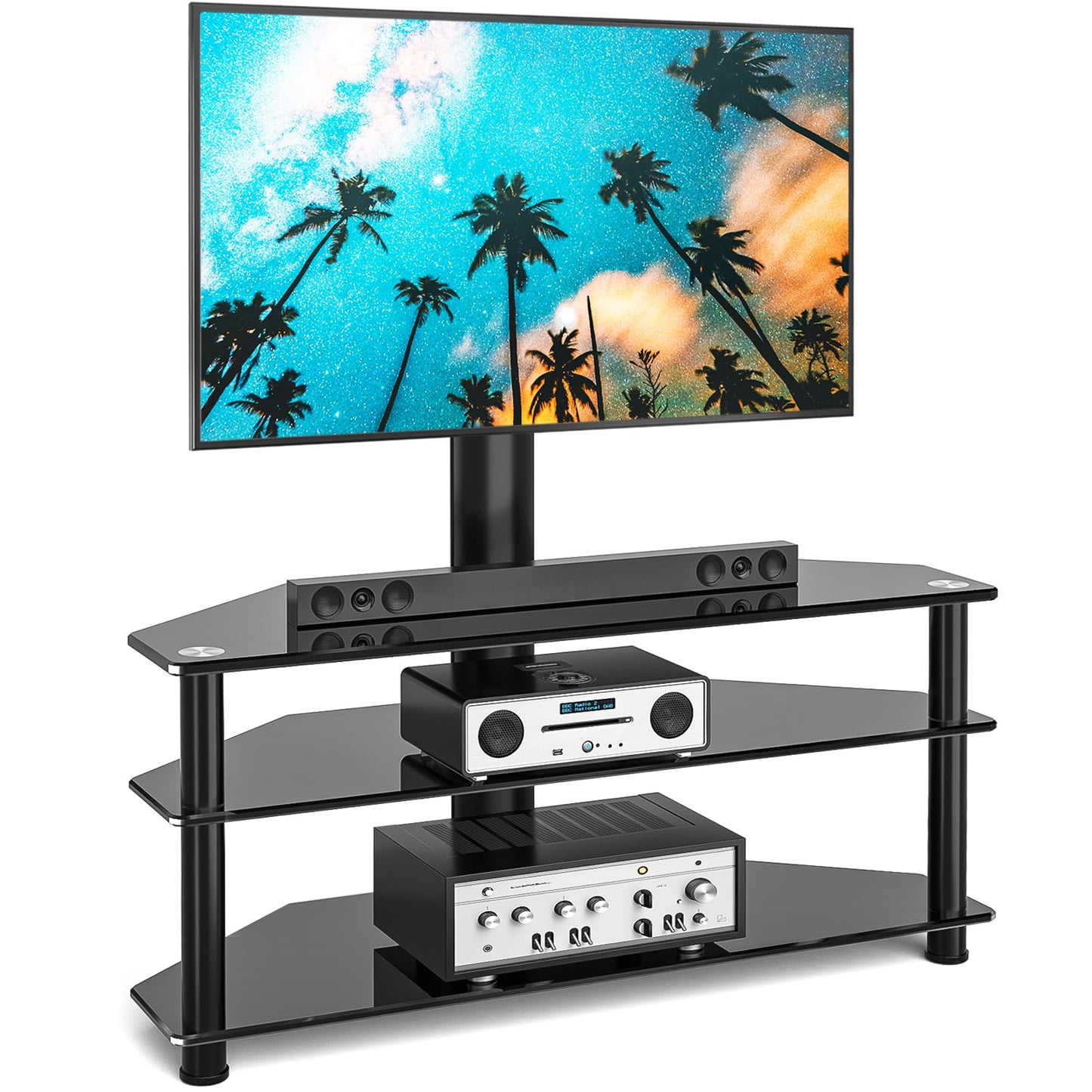 Rfiver Corner Swivel Glass TV Stand with Mount for 32-70 Inch Screen TV up to 110lbs, Height Adjustable Corner TV Stand with Mount, Entertainment