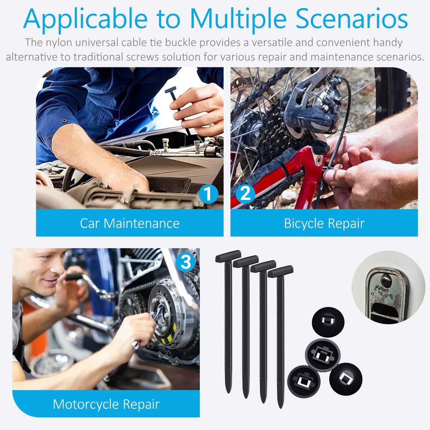 Upgraded Nylon Universal Cable Tie Buckles - Nylon Zip Ties Holders Kit, Automotive Zipper Clips Self-Locking T Rivet Zipties for Car Fender Trunk