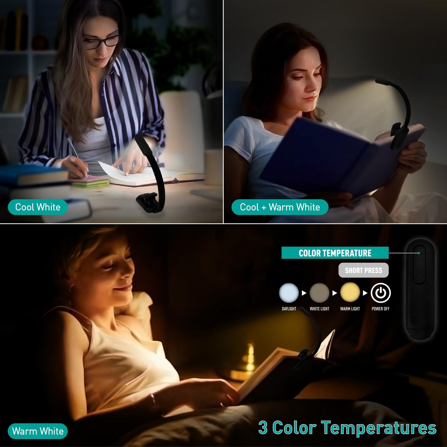 somisgarden Rechargeable Book Light - 9LED Vertical Reading Light w/ 9 Color Temp, Stepless Dimming, 50H Battery, USB-C, Clip & Magnet - Gift for Book
