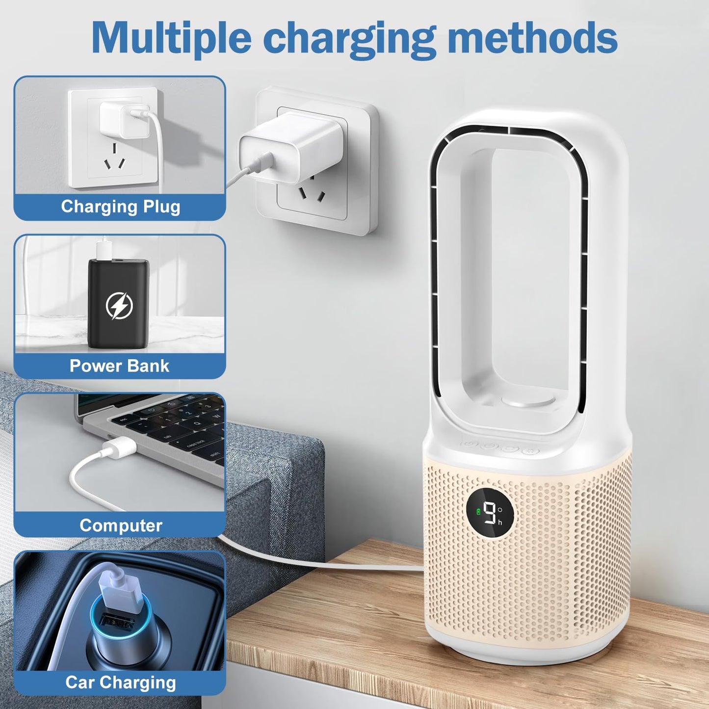Small Bladeless Desk Fan Quiet, 14 Inch USB Rechargeable Table Fan with 5000mAh Battery, 60° Oscillating 9 Speeds Touch Control, 3 Light Modes, Mini