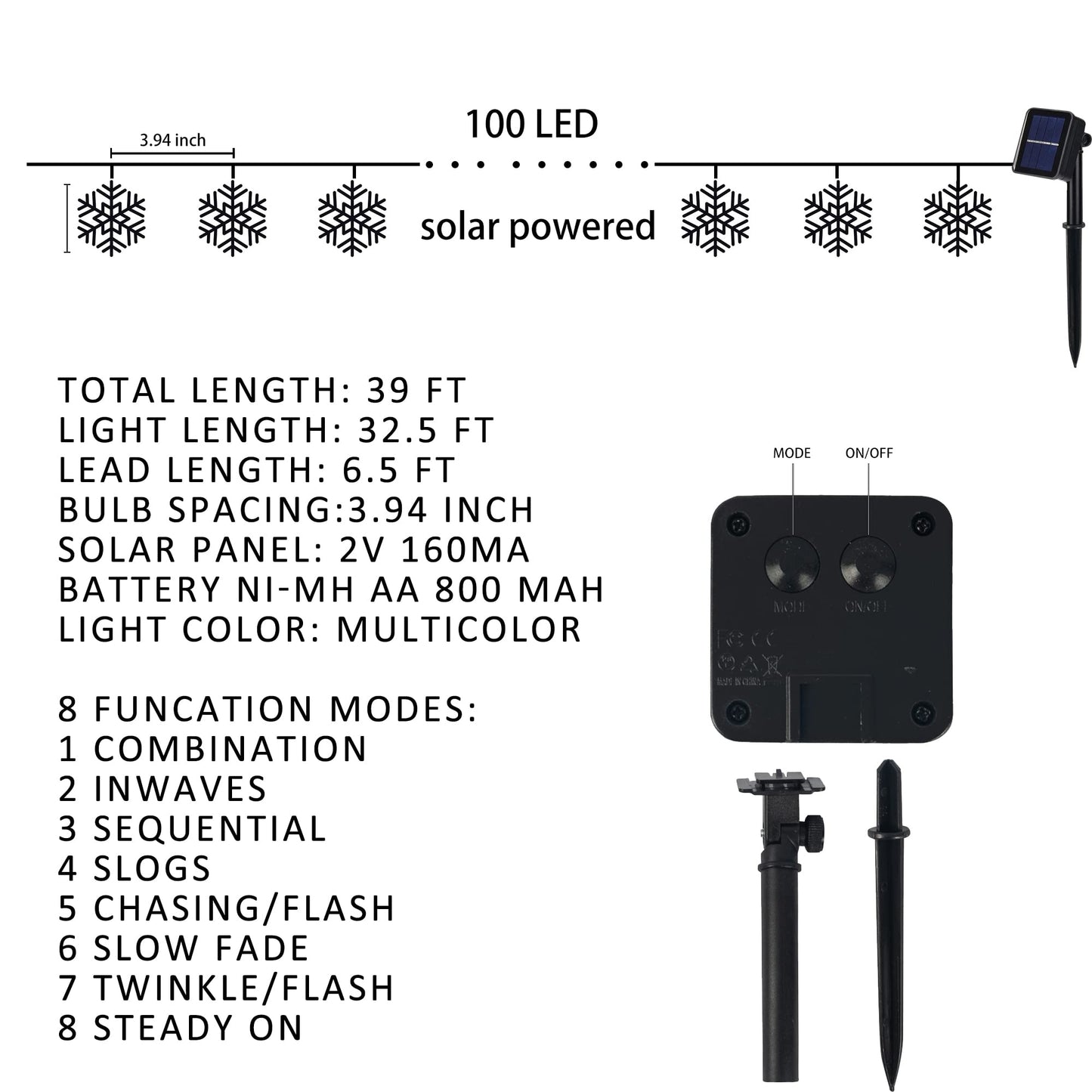 Dazzle Bright 100 LED Solar Christmas Snowflake Lights Outdoor, 39 FT Solar Powered Snowflake String Lights Waterproof for Xmas Tree, Holiday, Wedding