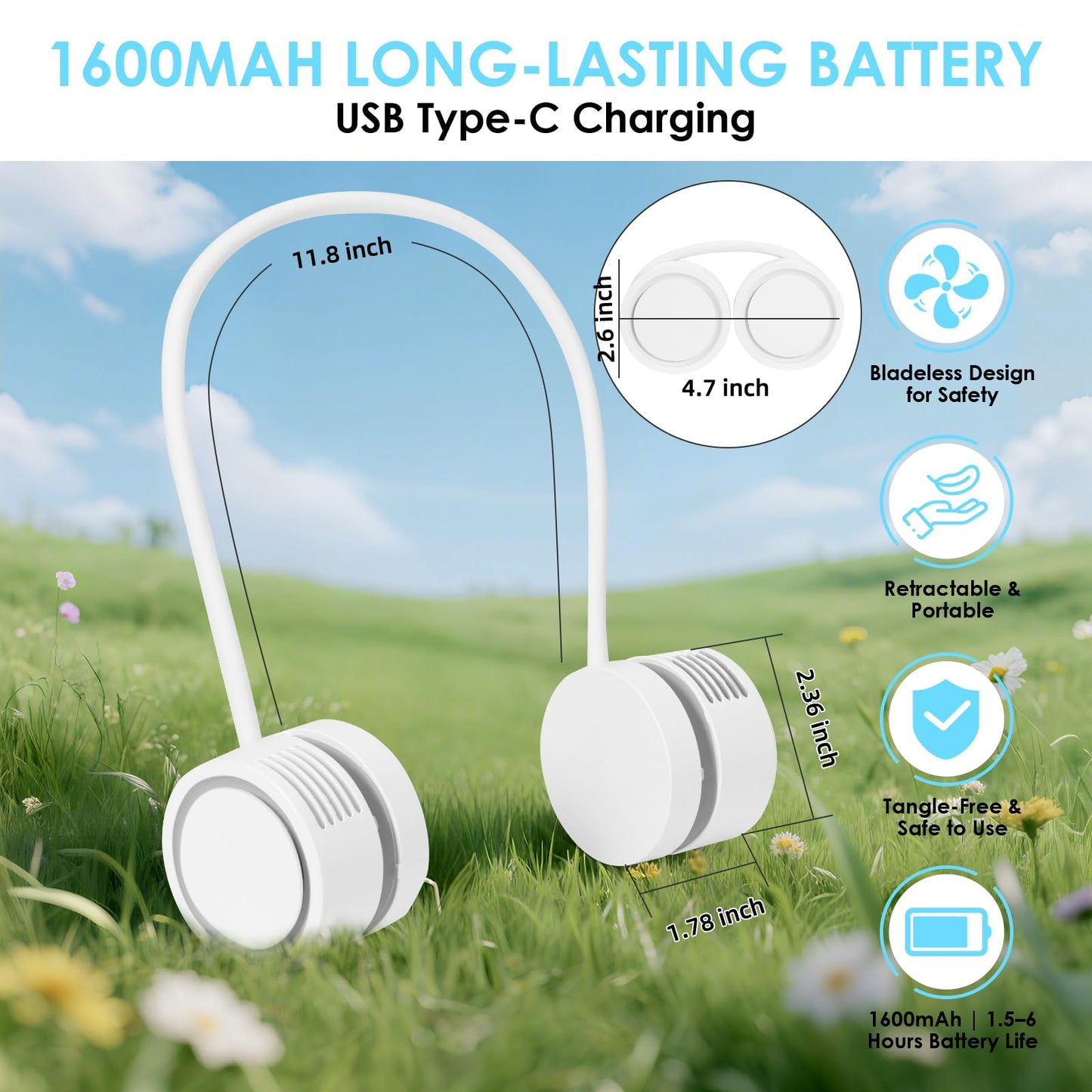 GleeGearNex Bladeless Neck Fan, 360° Airflow Wearable Fan, 1600mAh Rechargeable Battery, 3 Speeds, Quiet Foldable USB Personal Fan for Travel Outdoor