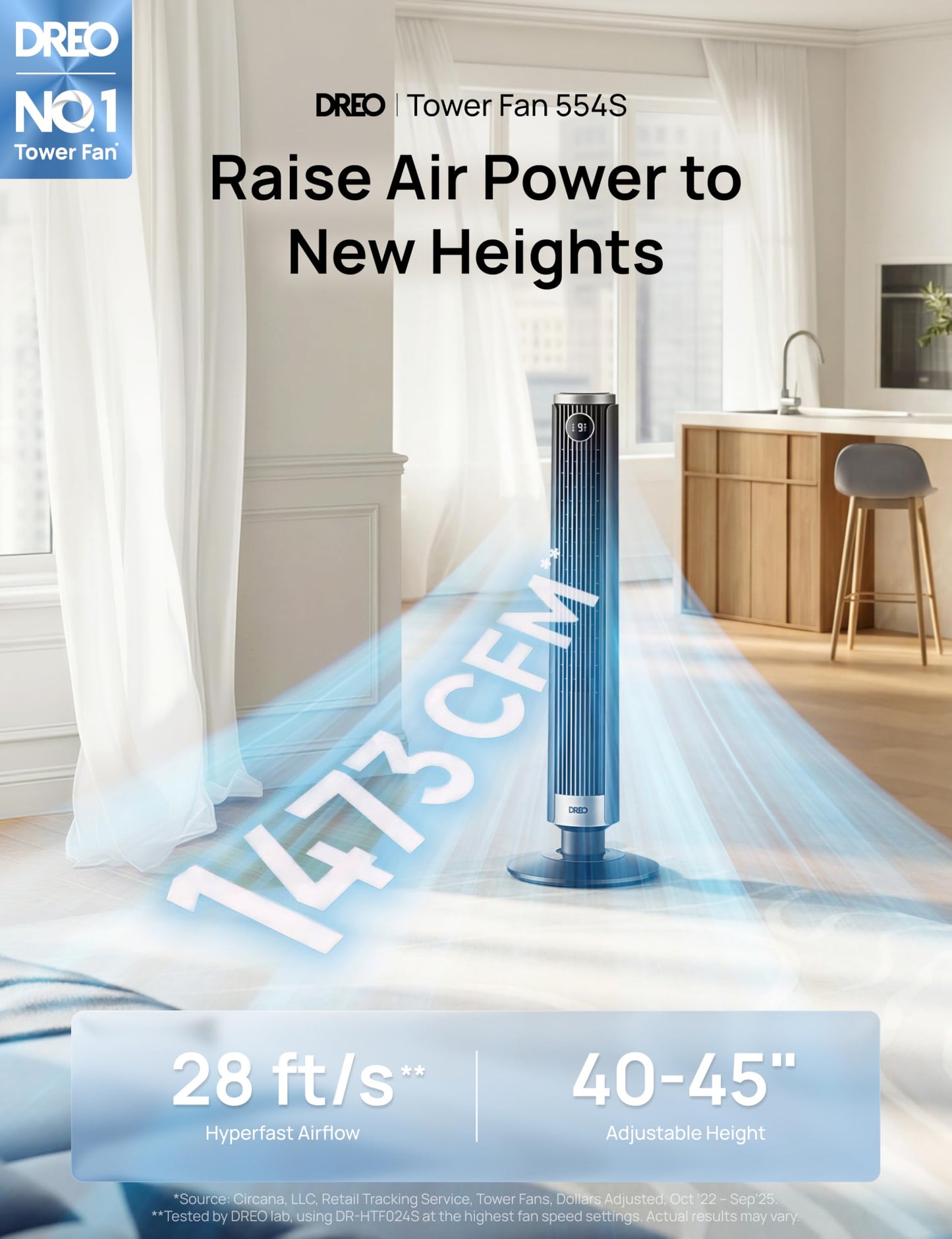 DREO Smart Tower Fan for Bedroom, 40”-45” Adjustable Height, 9 Speeds