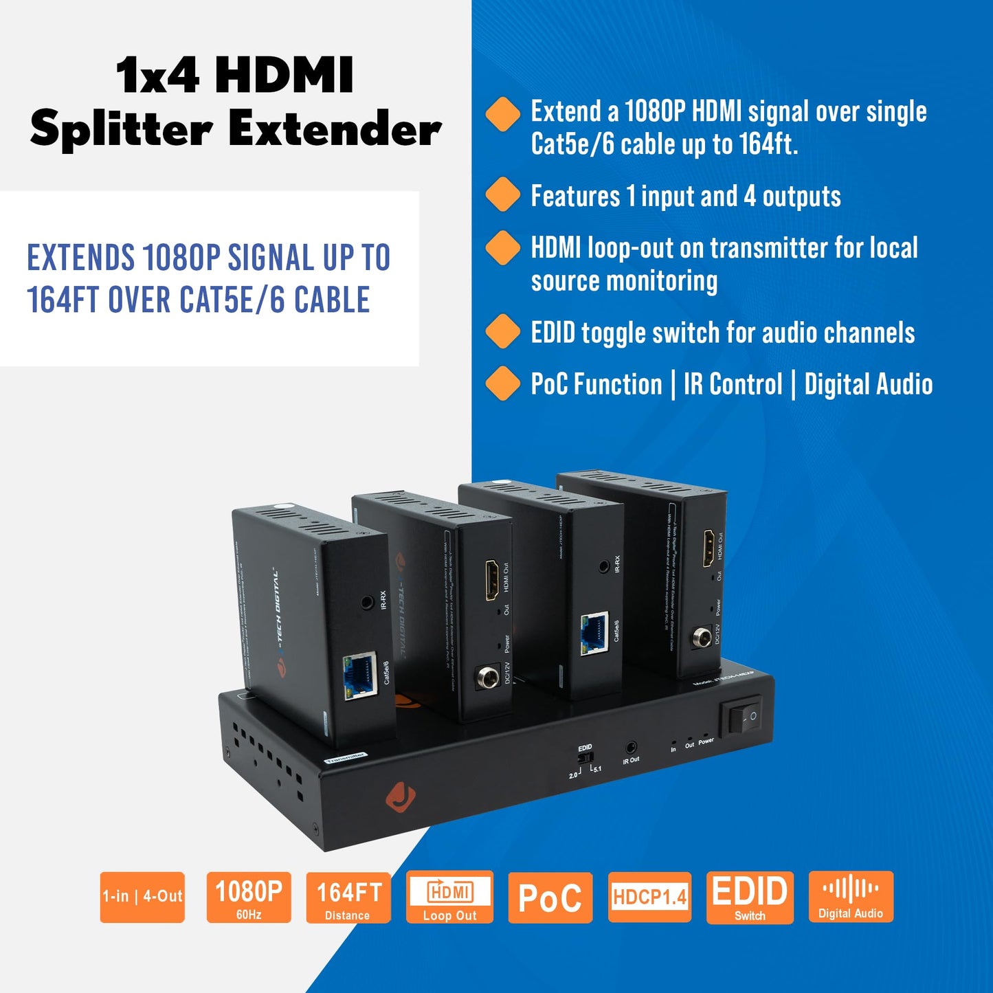 J-Tech Digital HDMI Extender Splitter 1x4 Over Single Cat5e/6 Ethernet Cable Up To 164ft. Supports PoC HDMI Loopout IR Control EDID Switch