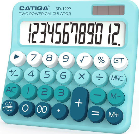 CATIGA Mechanical Switch Calculator with Solar and Battery Dual Power, 12-Digit Large LCD Display, Aesthetic and Cute Desktop Calculator with Big