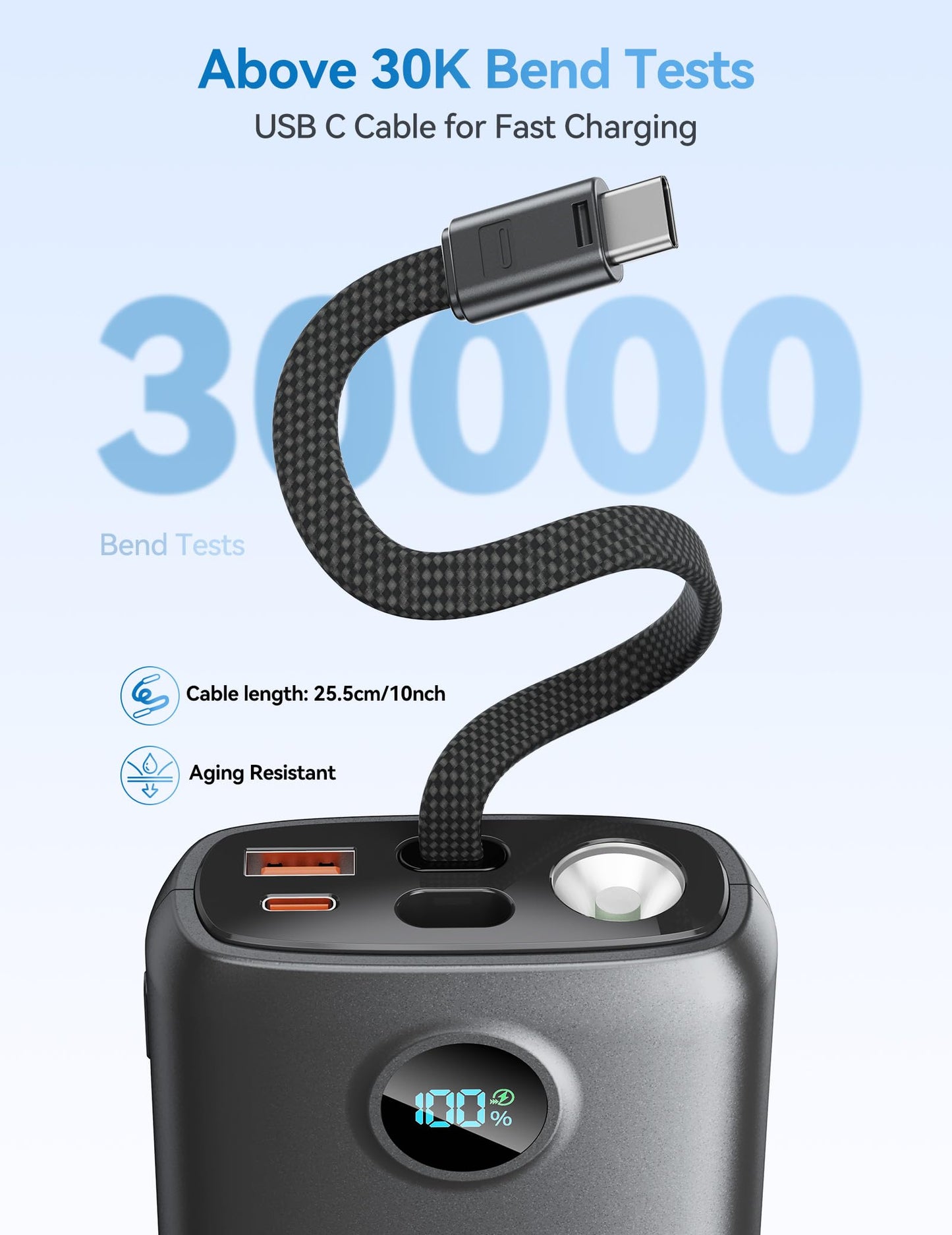 DIAMUAR Portable Charger 20000mAh 45W, Built in USB C Cable, 3W Flashlight