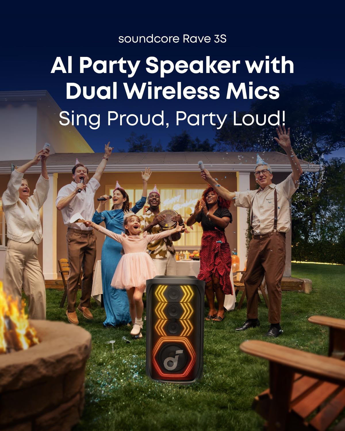 soundcore Rave 3S AI Party Speaker with 2 Wireless Microphones, 200W Sound, AI Vocal Removal, Reverb, Light Show, 12H Playtime, Portable Bluetooth PA