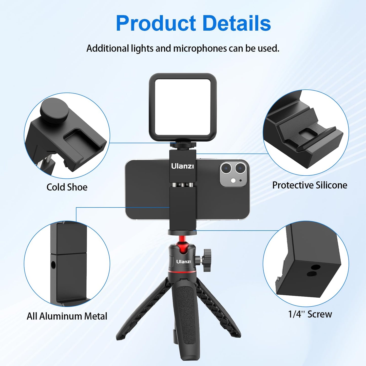 ULANZI ST-02S Aluminum Phone Tripod Mount w Cold Shoe Mount, Support Vertical and Horizontal, Universal Metal Adjustable Clamp for iPhone 12 11 Pro Xs