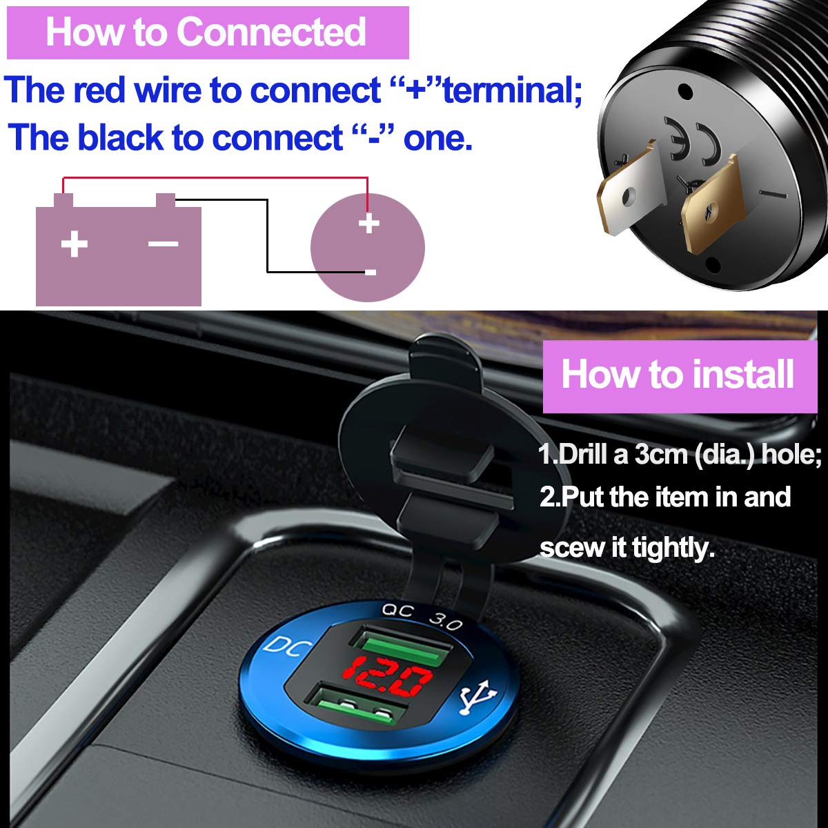 iMESTOU Aluminium Quick Charge 3.0 Marine Dual USB Phone Charger Adapter Waterproof Car USB Socket Outlet DIY Kit with Voltmeter 10A Fuse for 12V/24V