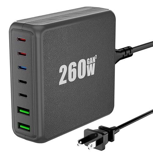USB C Charger Block, 260W 7-Port Desktop USB C Charger, 2x65W Ports Laptop Charging Compatible with MacBook Pro/Air, iPad Series,iPhone