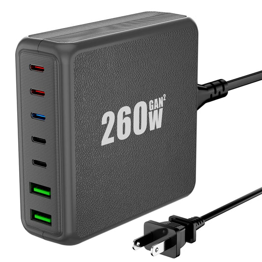 USB C Charger Block, 260W 7-Port Desktop USB C Charger, 2x65W Ports Laptop Charging Compatible with MacBook Pro/Air, iPad Series,iPhone