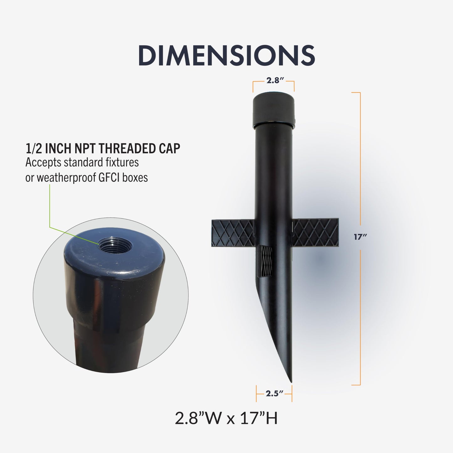 17" Outdoor Landscape Lighting Mounting Post - Heavy Duty ABS Ground Stake with Stabilizing Wings & 1/2" NPT Threaded Cap for Flood Lights, Spotlights