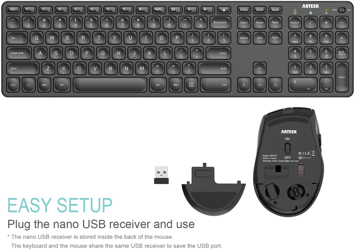 Arteck 2.4G Wireless Keyboard and Mouse Combo Ultra Slim Full Size Keyboard Keyboard and Ergonomic Mice for Computer Desktop PC Laptop and Windows