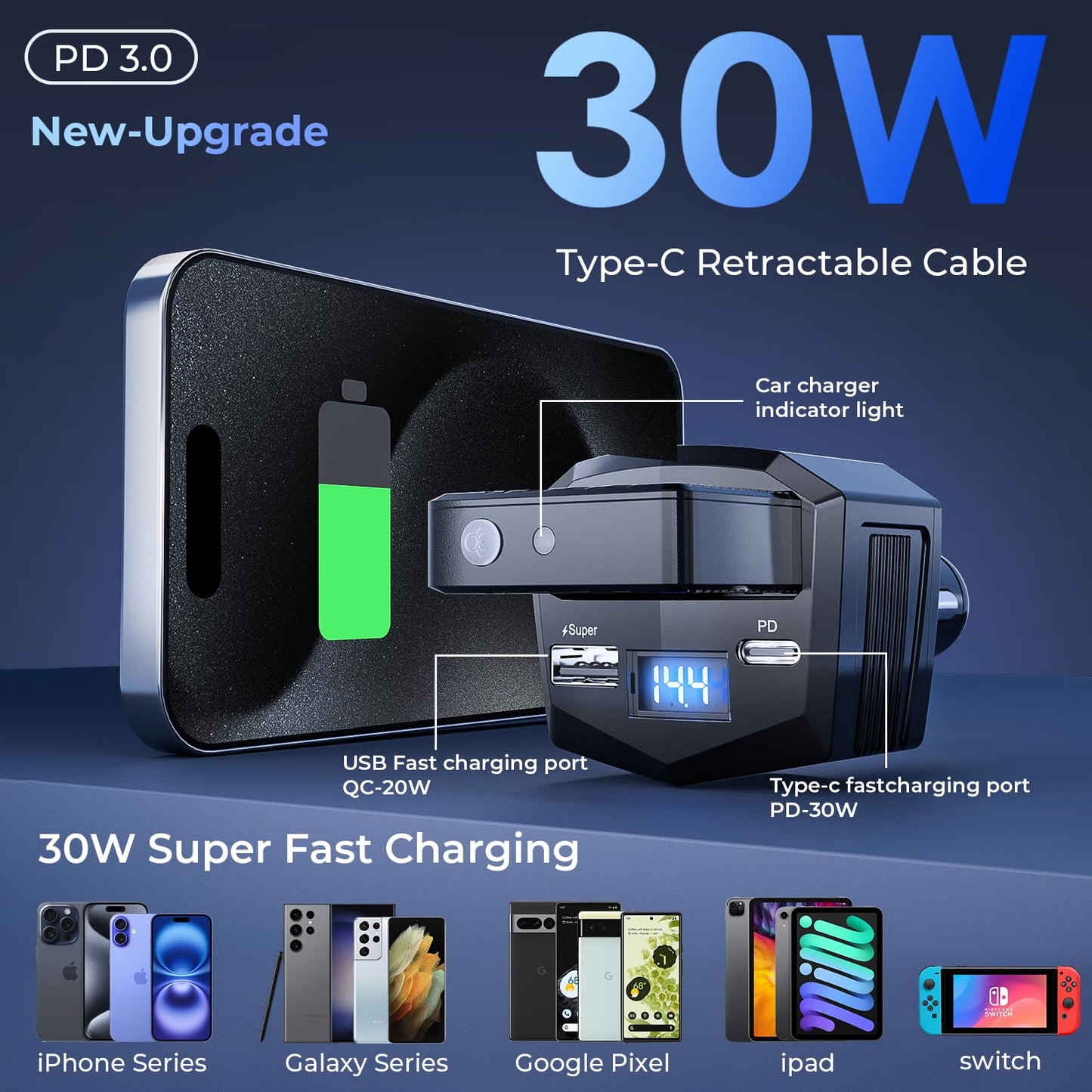 SEEKEVEN Cell Phone Car Charger with 3000mAh Power Bank, USB C Car Accessories Adapter for iPhone 17 USB C Charger Fast Charging, Travel Essentials