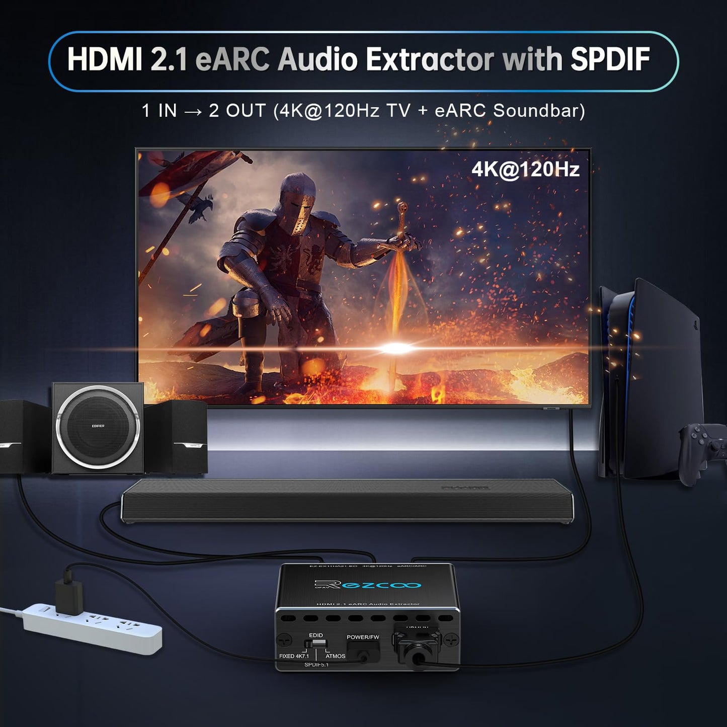 4K@120Hz HDMI 2.1 eARC Audio Extractor 1 in 1 Out Support VRR ALLM HDCP2.3 ARC eARC HDR CEC SPDlF Optical Audio Out Digital EDID for PS5 Xbox NVIDIA