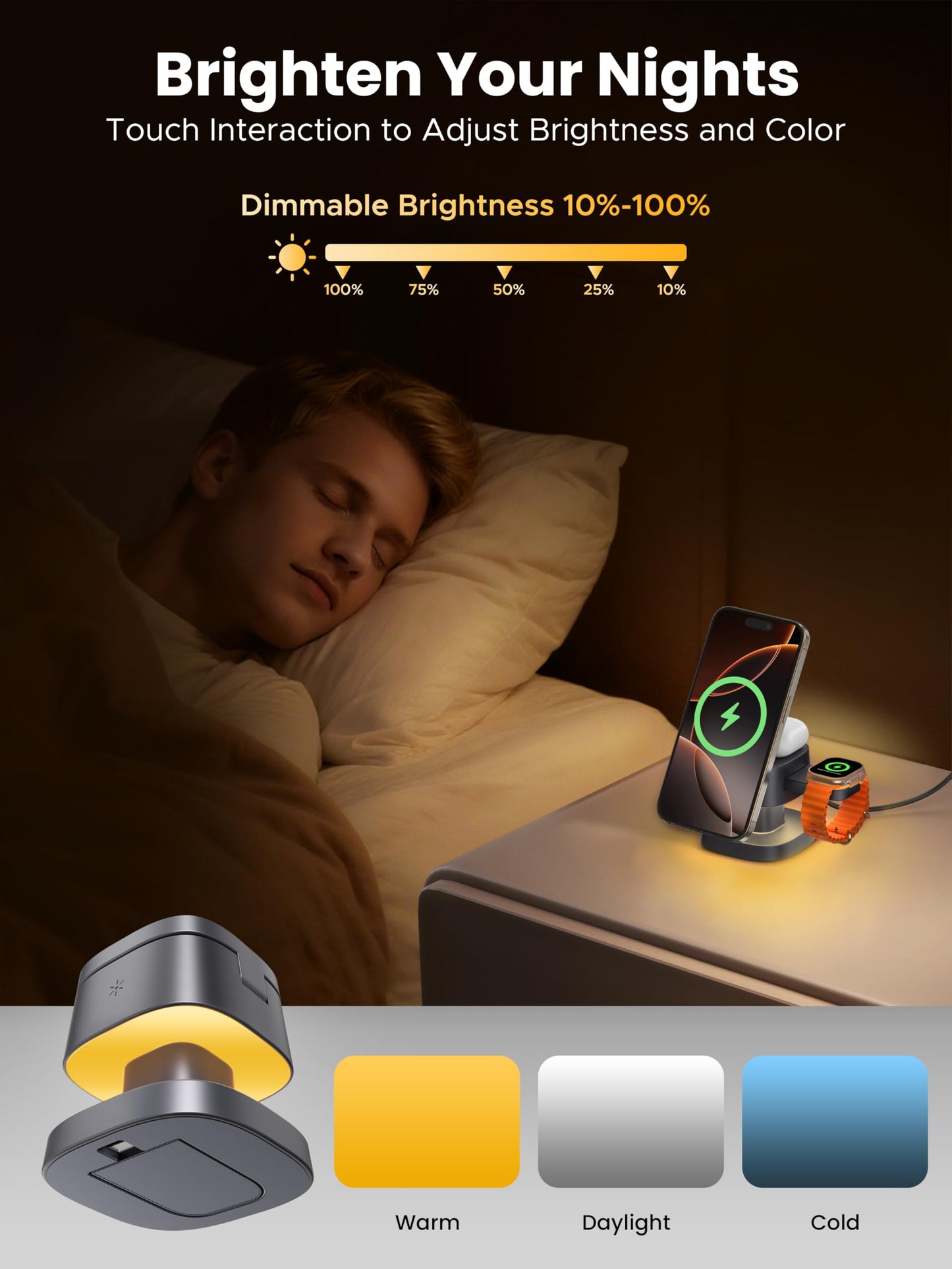 ByteWave 3-in-1 Charging Station for Apple, iPhone MagSafe Charger with 3-Color Light, 15W Max Foldable Wireless Fast Charging for iPhone