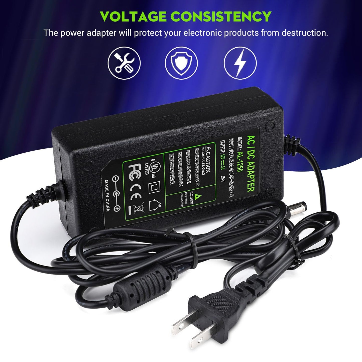 DC 12V 5A Power Supply Adapter, US Plug, 4.6FT Power Cord, AC 100-240V to DC 12V 5A Switching Transformer Jack 5.5mm x 2.5mm for LED Strip, Light…
