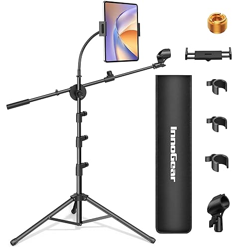 InnoGear Mic Stand, 6 in 1 Microphone Stand Floor with Tablet Phone Holder Height Adjustable from 30" to 72" Mic Stand Tripod Boom Arm with Gooseneck