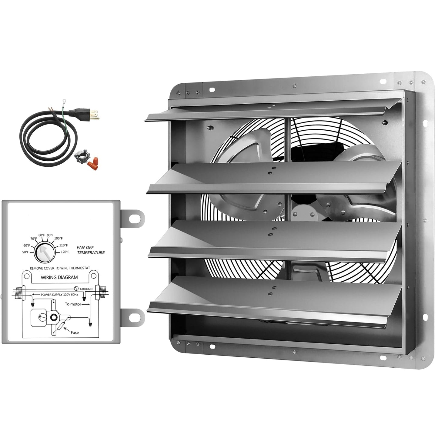 Simple Deluxe 20 Inch Wall Mounted Shutter Exhaust Fan with Temperature Controller and Power Cord Kit, Aluminum, 1200 RPM, 3368 CFM, for Attic