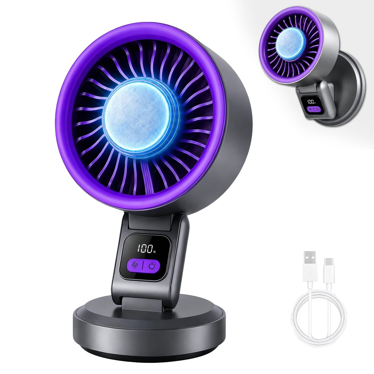 Sovrelon Desk Fan with Ice Cooling, 199-Speed Digital Display, Portable cordless Personal Fan 3600mAh Rechargeable, 180°Adjustable TiltQuiet Table Fan
