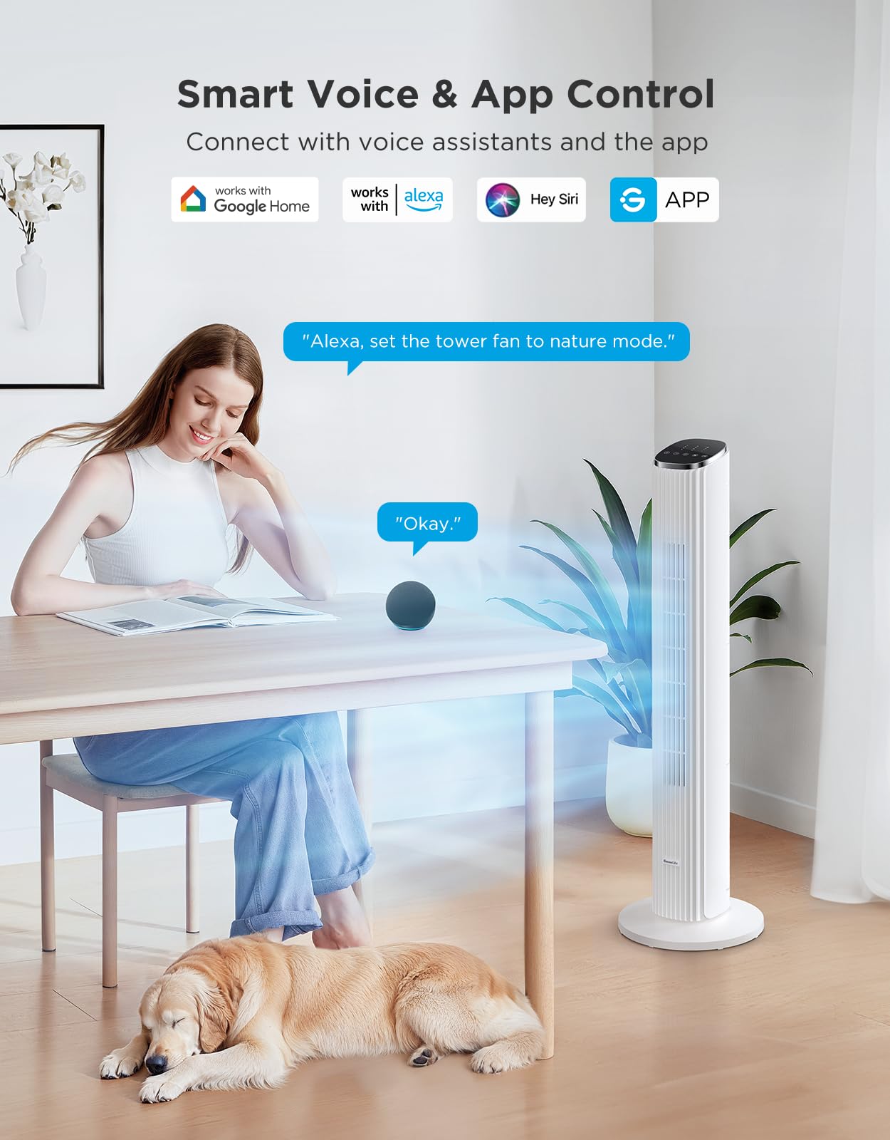 GoveeLife 36 in. White Tower Fan for Bedroom, 5 Modes 8 Speeds up to 25ft/s