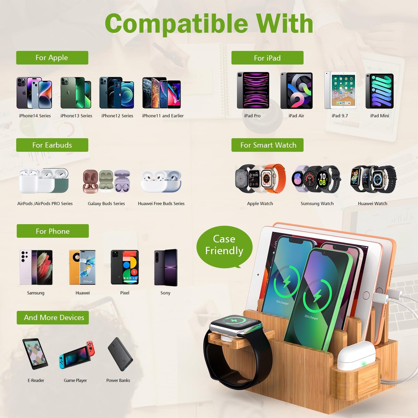Pezin & Hulin Bamboo Charging Station for Multiple Devices with 5 Port USB Charger, 5 Cables, Watch&Earbuds Stand, Electronic Device Desktop Organizer