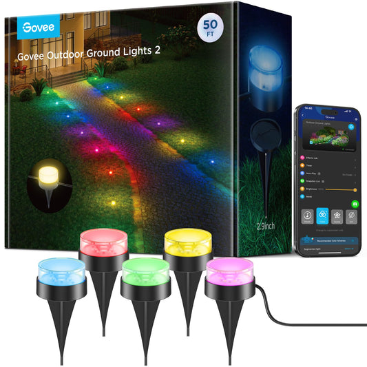 Govee Outdoor Ground Lights 2, 50ft Patio Decorations, 15 Pack RGBIC Pathway Lights with 100LM Warm White, IP67 Waterproof, 63 Scene Modes, Works