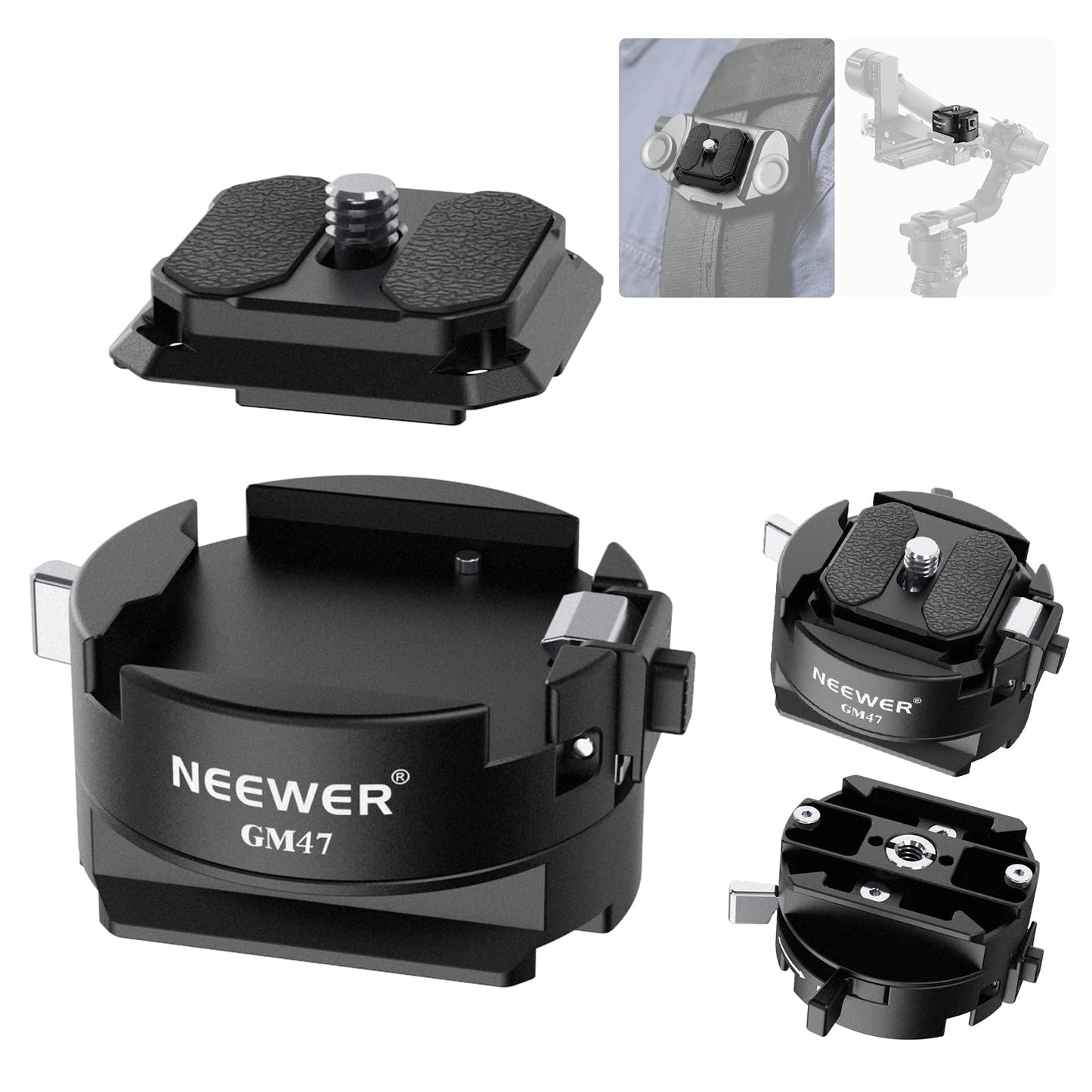 Neewer GM47 Quick Release Plate Kit, Quick Switch Auto Lock Square QR Camera Tripod Mount Plate & Clamp Base Compatible with DJI Ronin RS 4 Pro RS 3