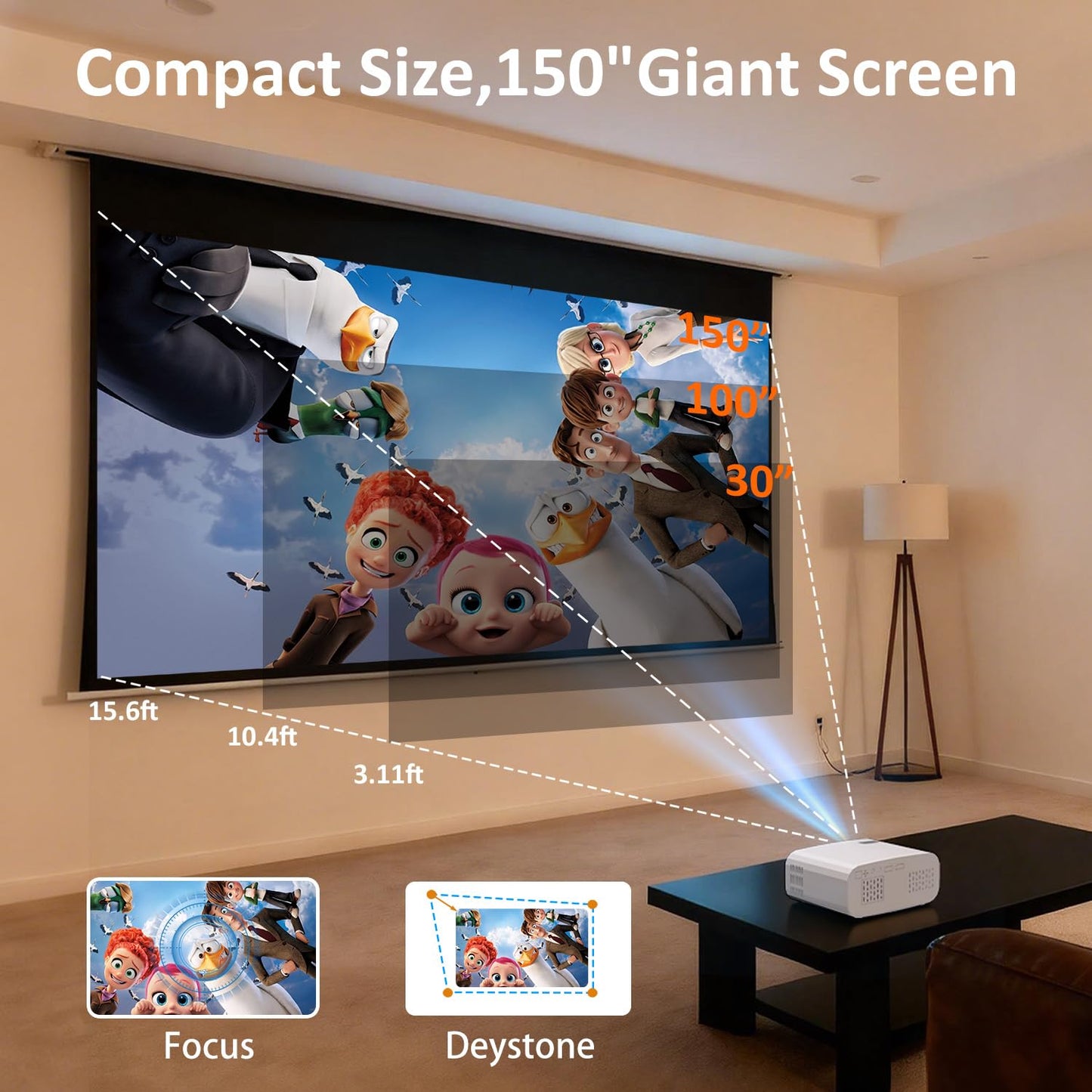 Projector, Mini Projector with WiFi and Bluetooth, Built-in Apps, Auto Focus & Keystone,Native 1080P Support, Portable Outdoor Smart Projector,White