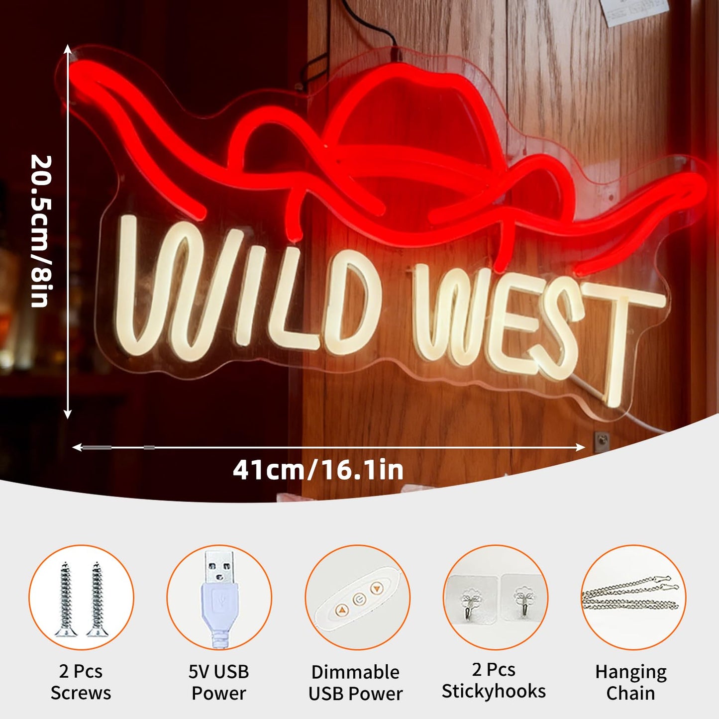 Wild West LED Neon Sign, Western Theme Neon Decor Home Man Cave Bar Party Ambiance Gift Wall Table Accent, USB Powered Dimmable Decorative Light 16.1