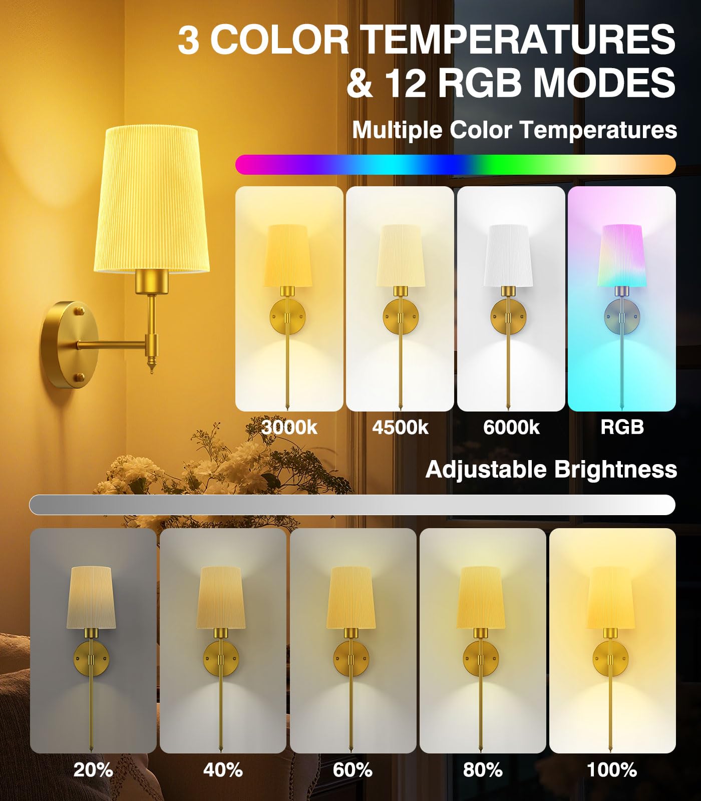 Wireless Wall Sconces Set Of Two,Rechargeable10000mah & 500 Lumens Battery Operated Wall Sconce,22in Gold Wall Lights With RGB Magnetic Bulb