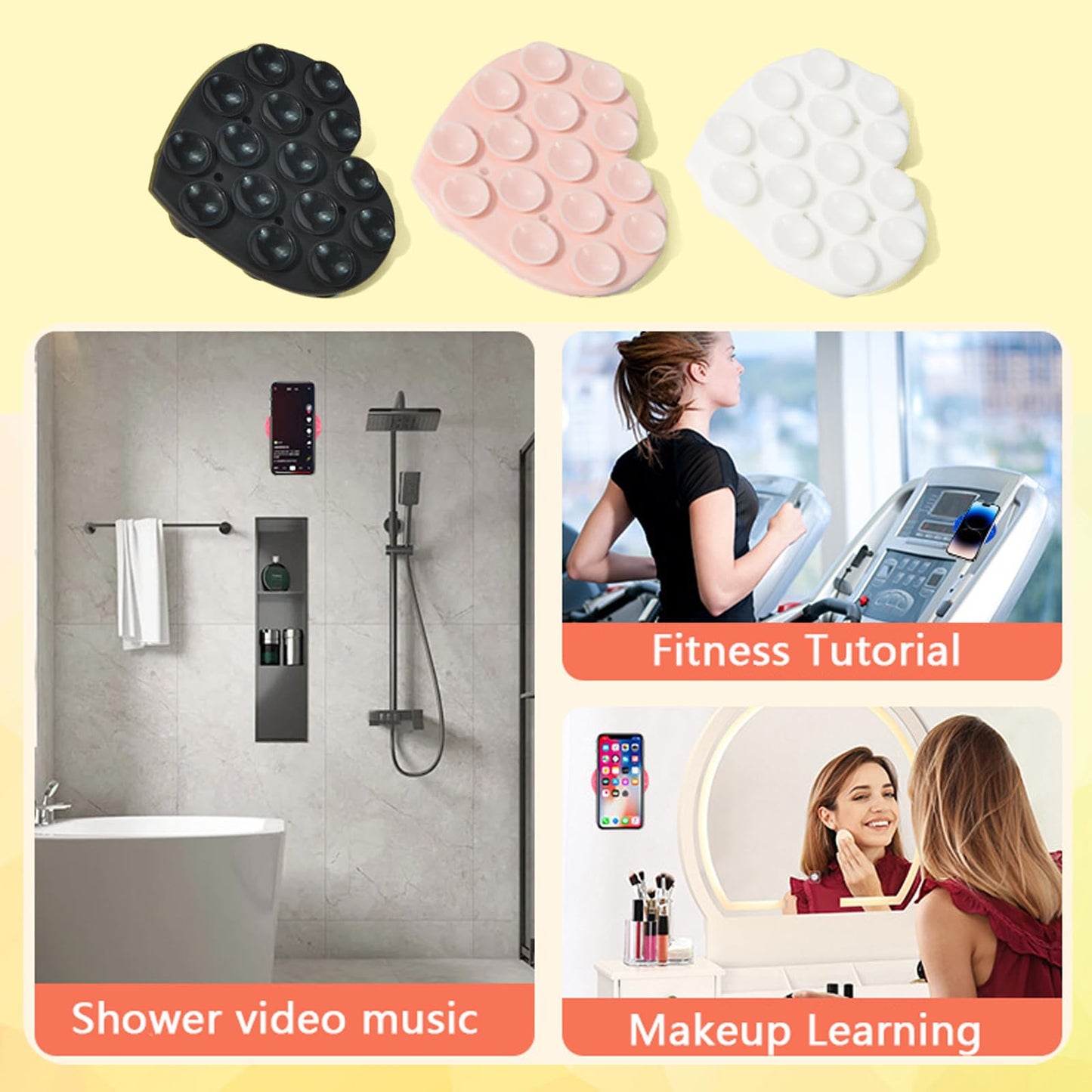 3Pcs Love Shape Phone Grip with Strong Suction - Heart Shaped Phone Holder for Mirror Selfies, Hands-Free Videos on Smooth Surfaces - Universal