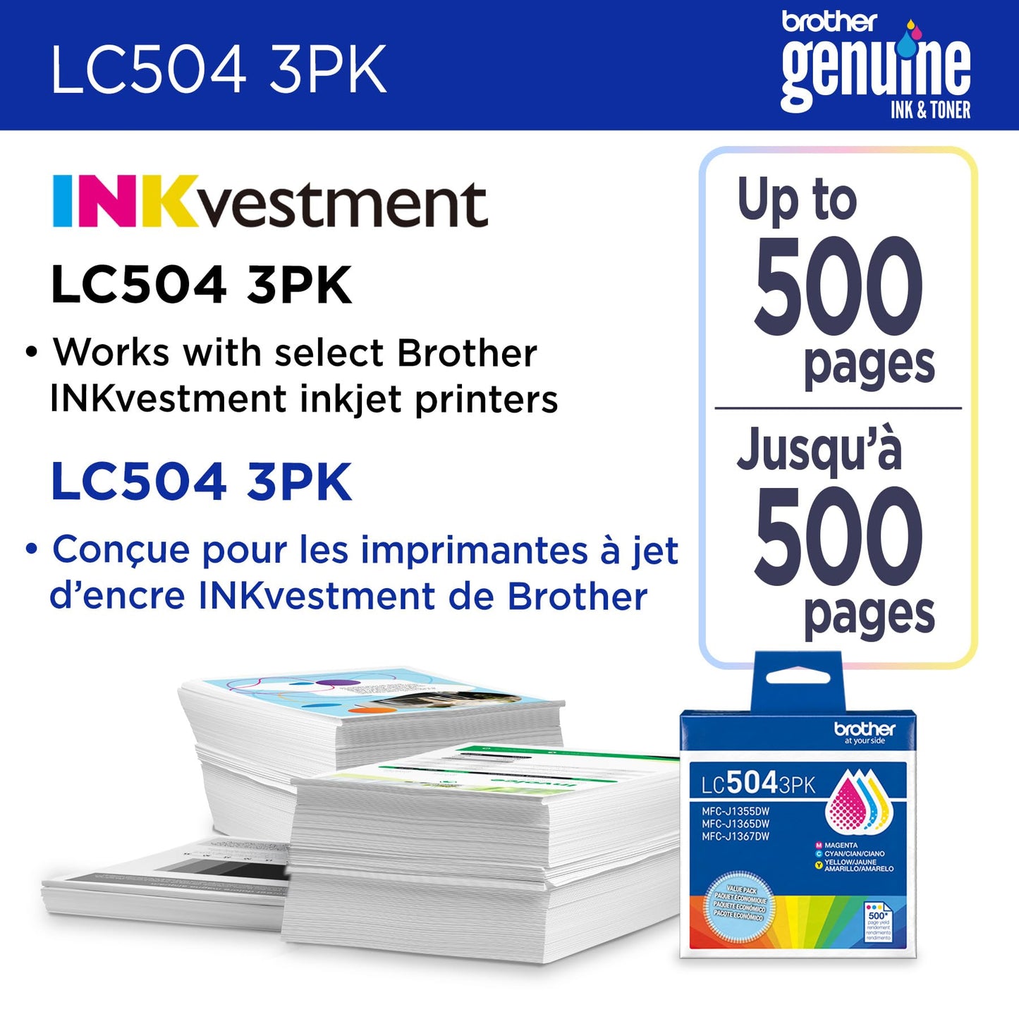 Brother Genuine LC5043PK Standard Yield Cyan, Magenta, and Yellow Ink Cartridges (for use INKvestment 1355, 1365, and 1367 Printers)