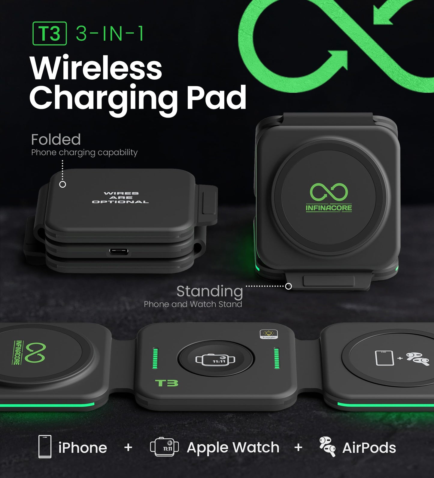 InfinaCore 3-in-1 Charging Station for Apple Devices - Travel Essentials- Magnetic Wireless Travel Charger - Foldable Charging Pad for Magsafe iPhone
