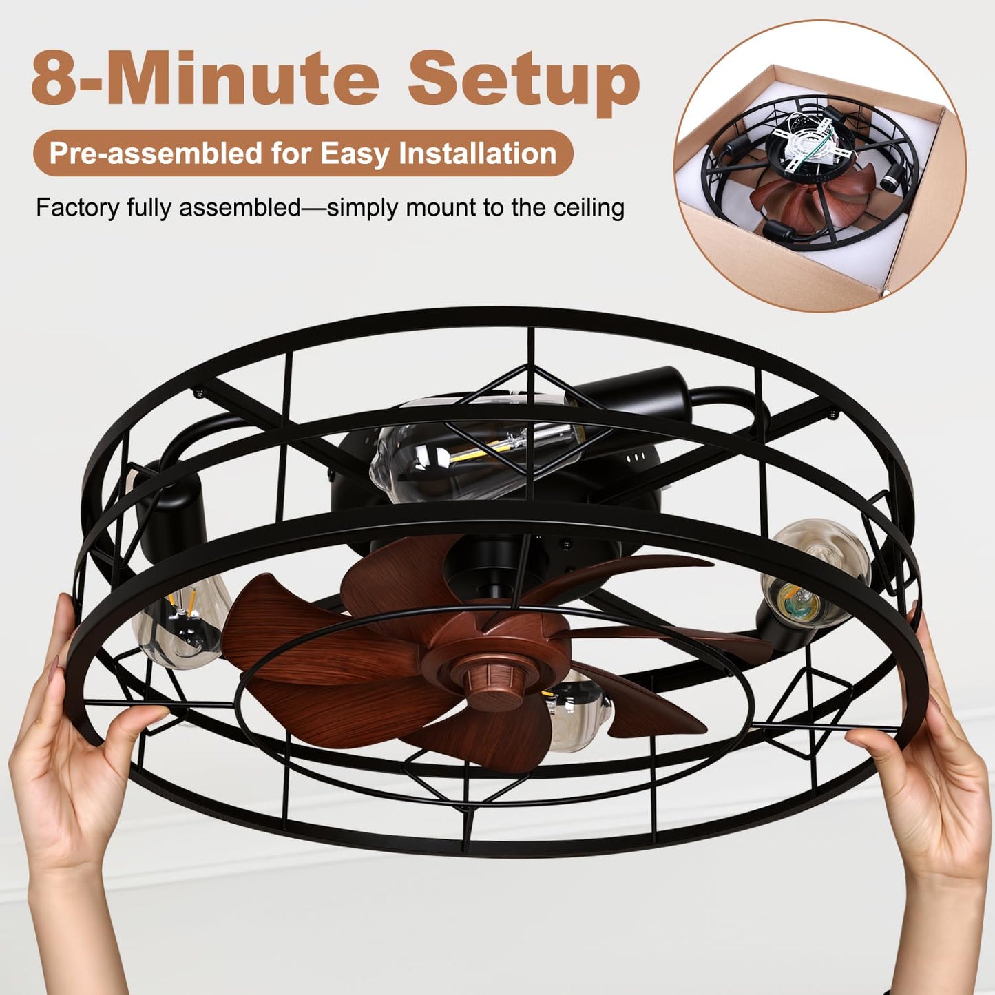 TCL 24" Black Caged Low Profile Ceiling Fans with Lights & Remote