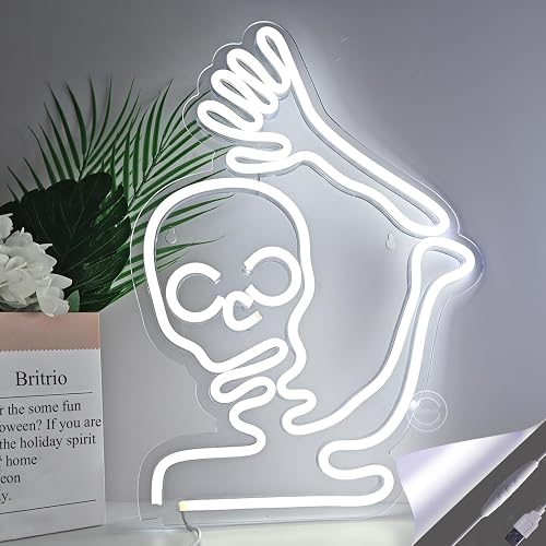 Britrio Skull Halloween Decoration LED Neon Sign Skeleton Wall Art Decor Light for Window Entryway Front Porch Door Bedroom Home Party Supply Kids