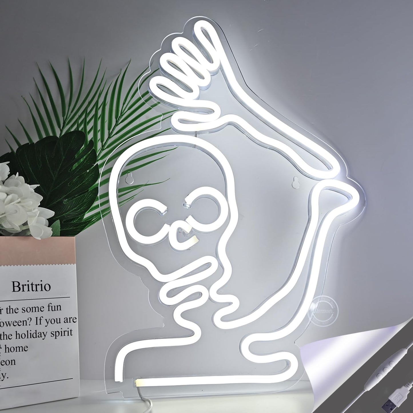 Britrio Skull Halloween Decoration LED Neon Sign Skeleton Wall Art Decor Light for Window Entryway Front Porch Door Bedroom Home Party Supply Kids
