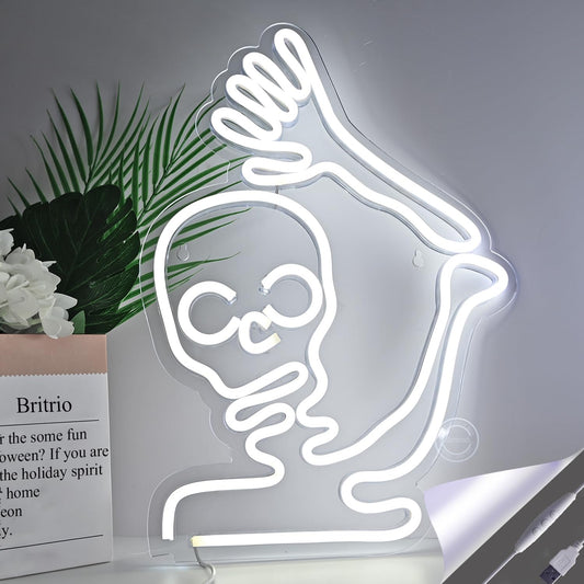 Britrio Skull Halloween Decoration LED Neon Sign Skeleton Wall Art Decor Light for Window Entryway Front Porch Door Bedroom Home Party Supply Kids