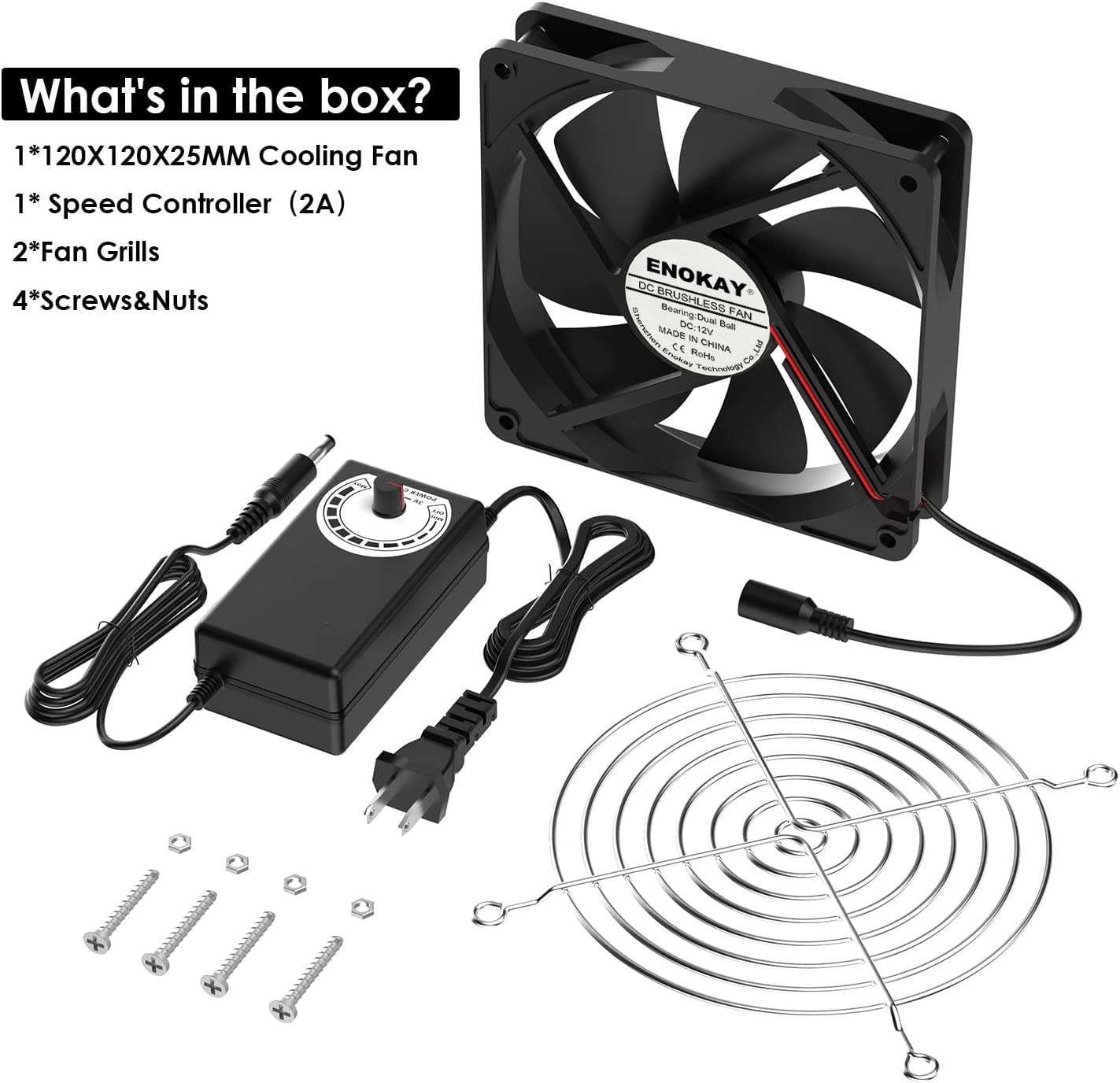 Enokay 120mm DC 12V Powered Fan with AC 100V 240V Adjustable Speed Controller 3000RPM High Speed Big Air Flow for DIY Cooling Ventilation Air Exchange